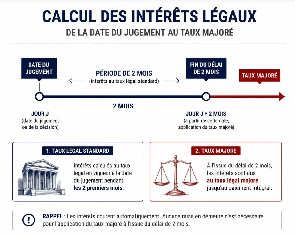 Schéma explicatif du calcul des intérêts légaux après un jugement de justice