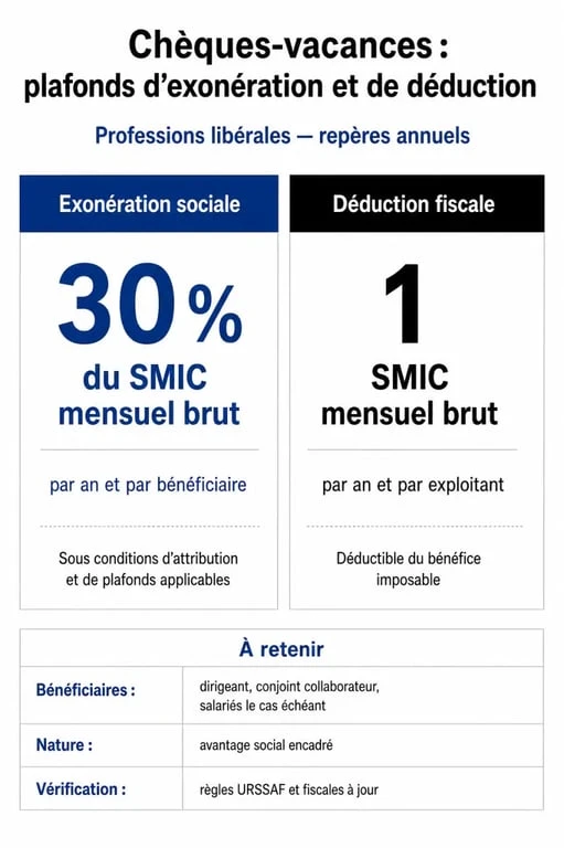 Tableau récapitulatif des plafonds d'exonération sociale et fiscale pour les chèques-vacances en profession libérale