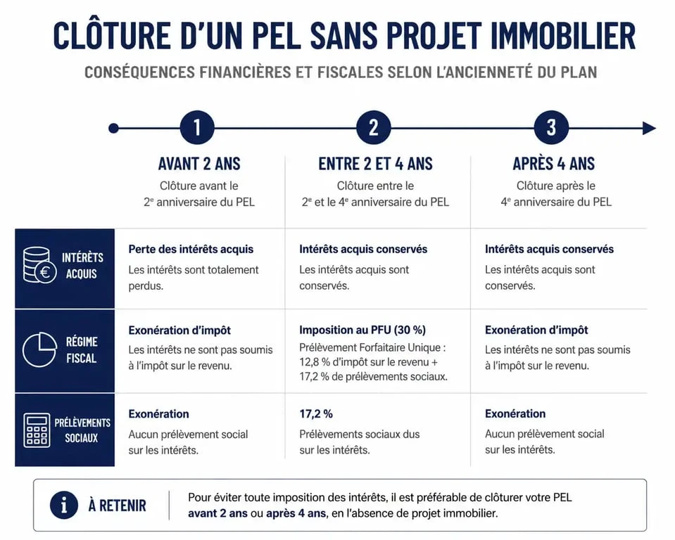 Infographie des conséquences de la clôture d'un PEL sans projet immobilier selon l'ancienneté