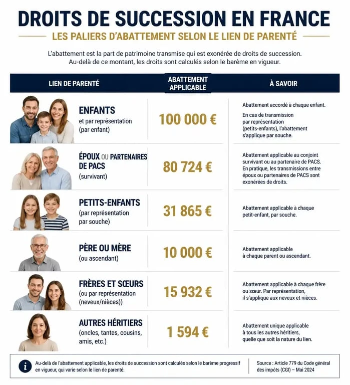 Infographie des abattements fiscaux pour une succession selon le lien de parenté