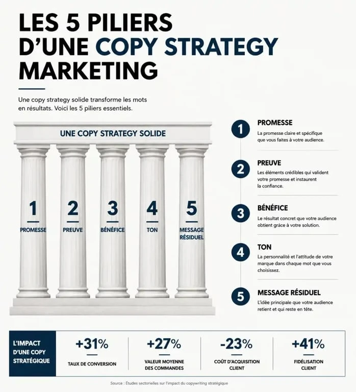 Schéma des 5 piliers d'une copy strategy efficace pour le marketing