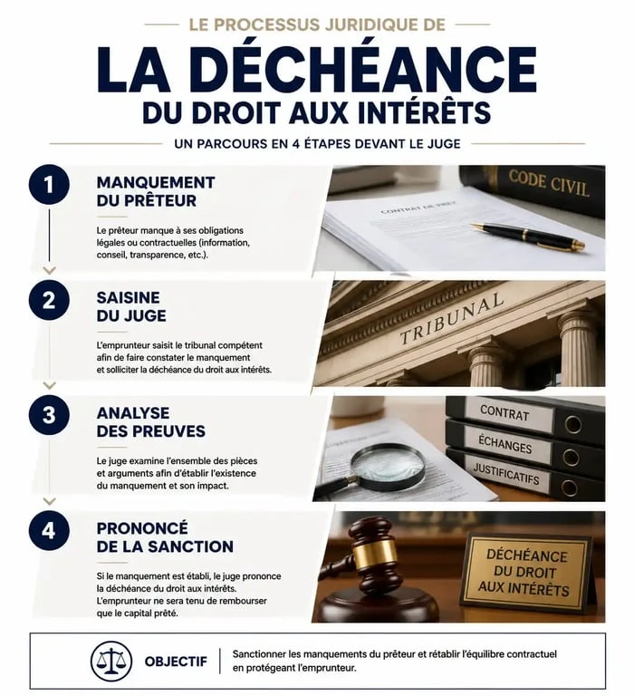 Schéma du processus juridique de la déchéance du droit aux intérêts en cas de manquement du prêteur