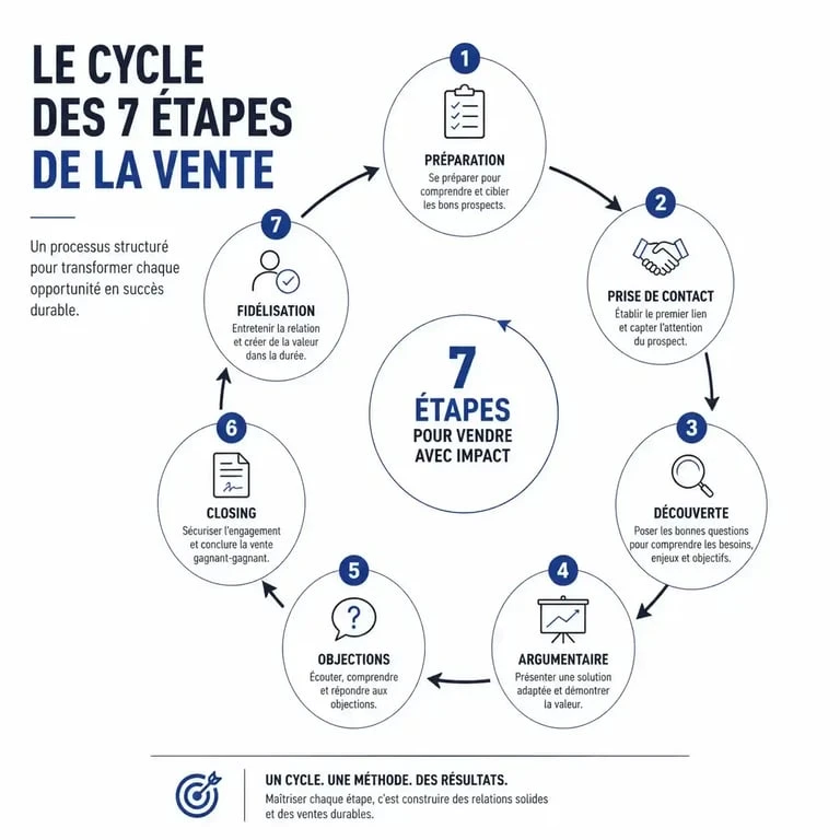 Infographie des 7 étapes de la vente pour les commerciaux