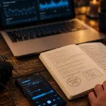 Podcast seo : casque audio et notes SEO sur table