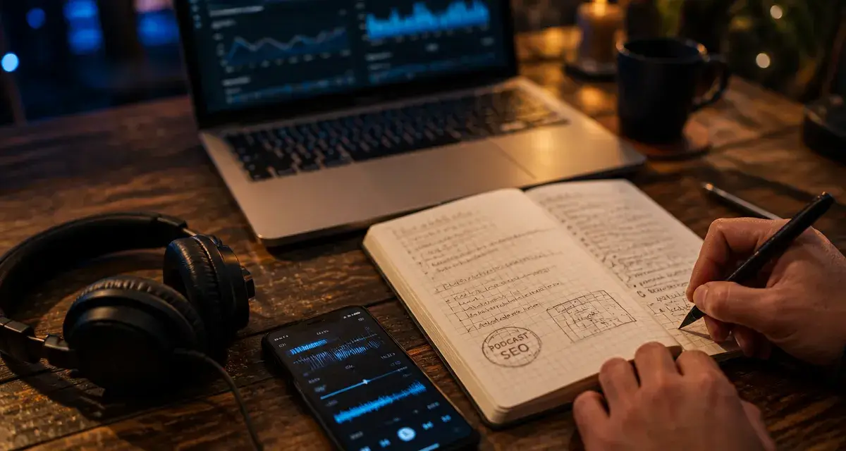 Podcast seo : casque audio et notes SEO sur table