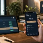 Badgeuse virtuelle sur smartphone au bureau pour télétravail et paie