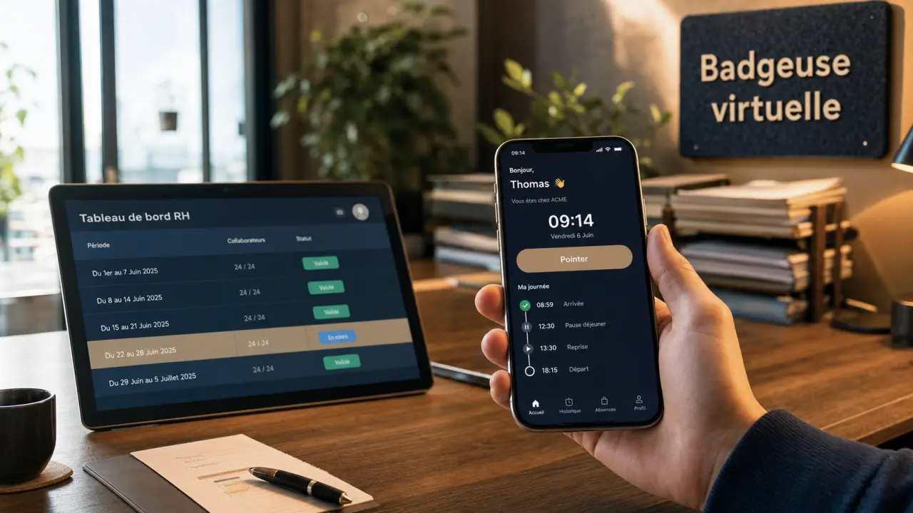 Badgeuse virtuelle sur smartphone au bureau pour télétravail et paie