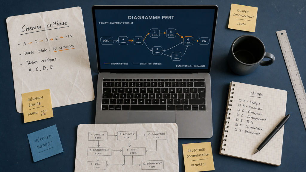 Diagramme de pert en ligne avec chemin critique
