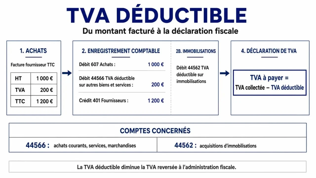 Schéma du fonctionnement du compte tva deductible et des écritures comptables associées