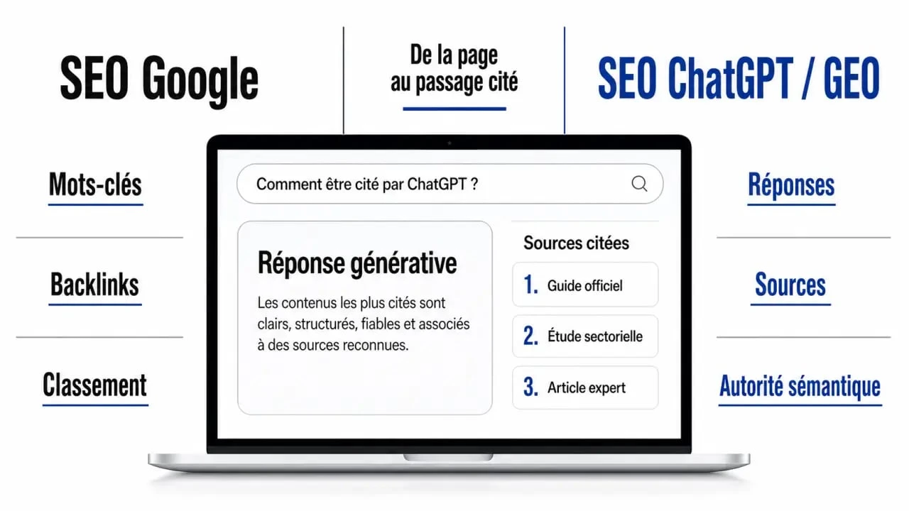SEO ChatGPT : comparaison visuelle entre SEO Google et référencement dans les réponses générées par l’IA