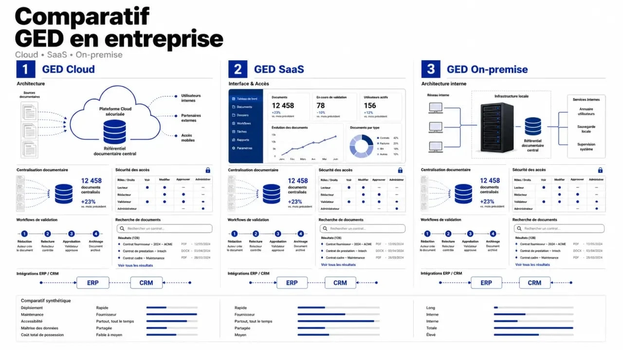 Logiciels GED : comparatif visuel des fonctionnalités clés, du cloud, du SaaS et de l’on-premise