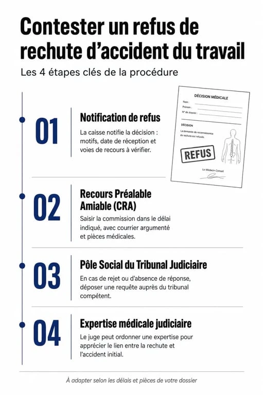 Infographie des étapes de contestation d'un refus de rechute accident de travail