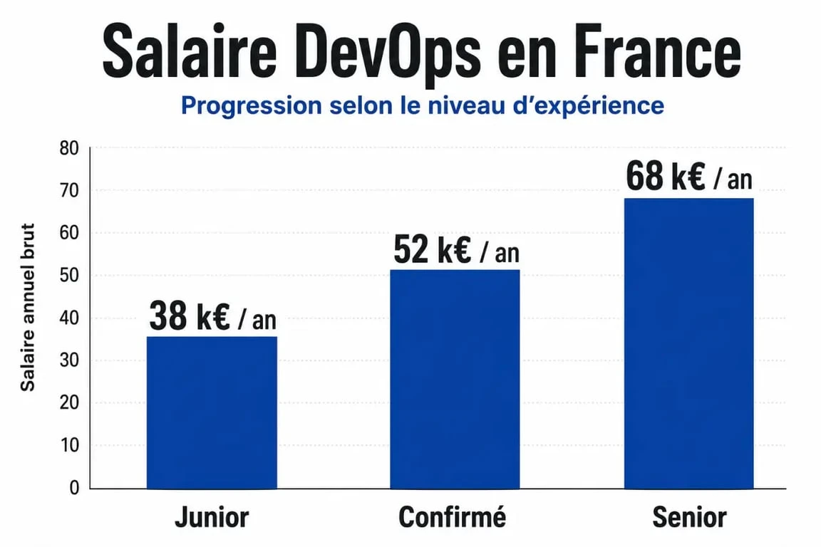 Graphique de l'évolution du salaire d'un ingénieur DevOps en France selon l'expérience