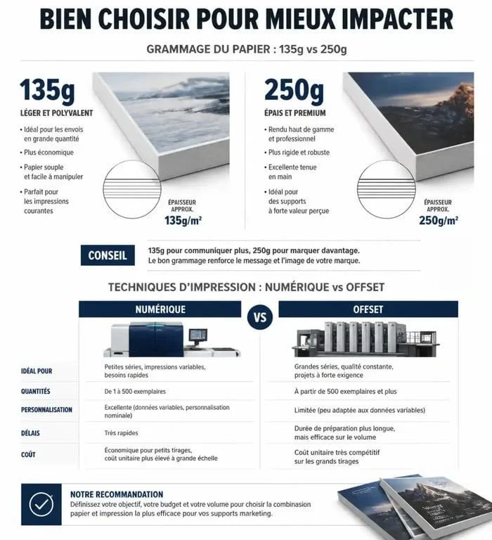 Infographie comparative des grammages de papier et techniques d'impression marketing pour vos supports de communication.