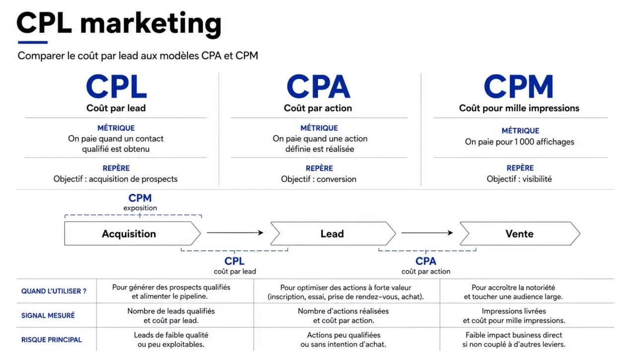 CPL marketing : comparaison entre CPL, CPA et CPM avec schéma de tunnel d’acquisition