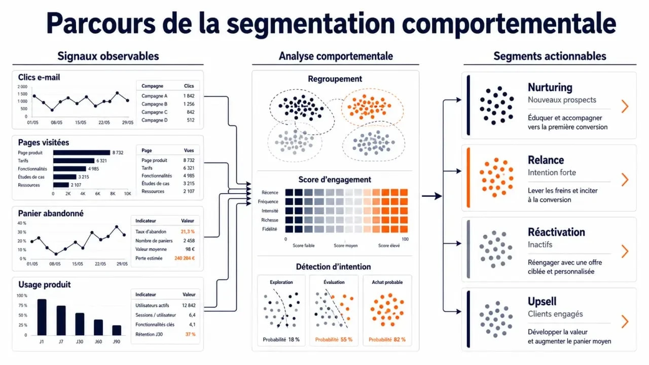 Segmentation comportementale : schéma du parcours des signaux clients vers des segments marketing et des actions ciblées