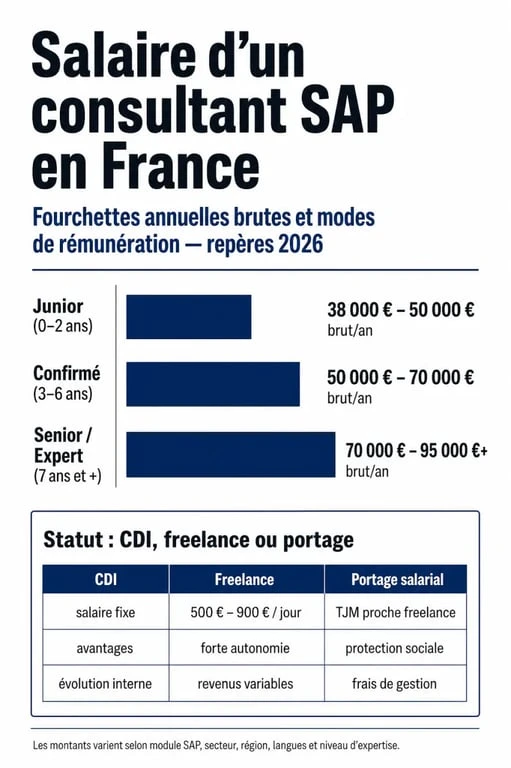 Consultant SAP salaire en France : infographie des fourchettes de rémunération selon l’expérience et le statut