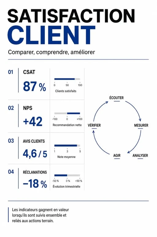 Infographie sur les satisfactions clients : comparaison CSAT, NPS, avis clients et réclamations