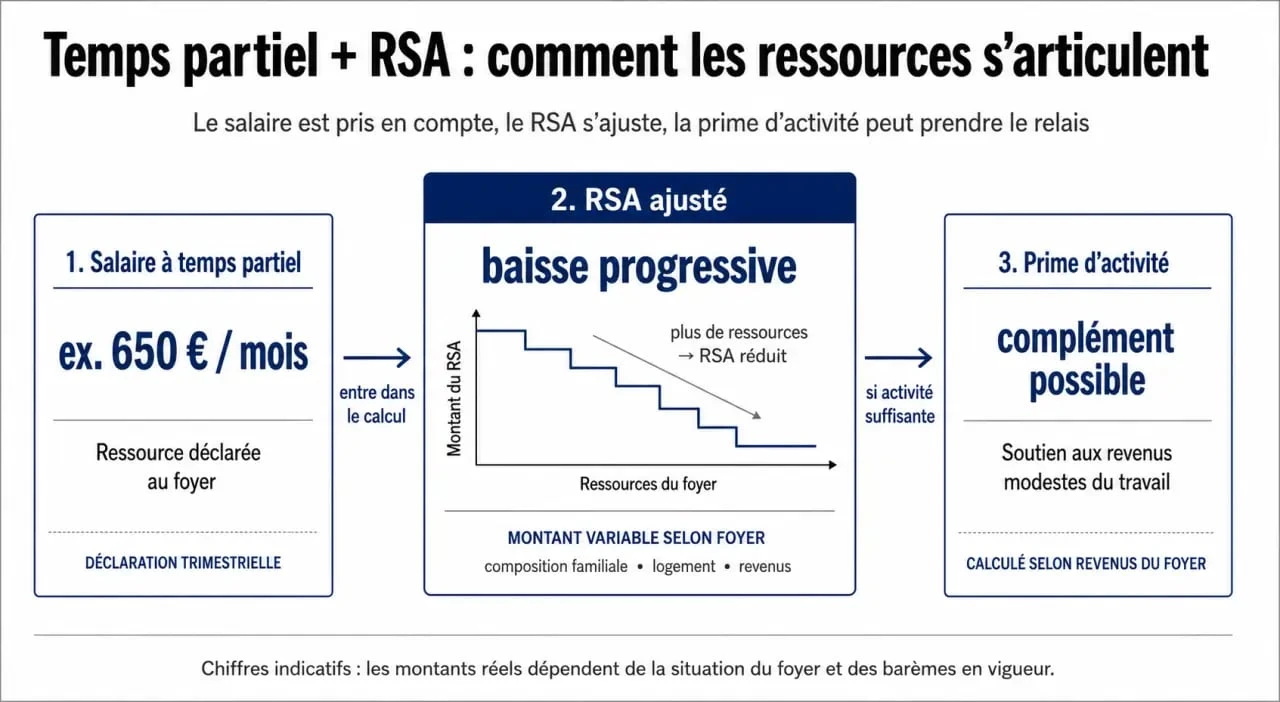 Temps partiel et RSA : schéma des revenus, du complément RSA et du passage vers la prime d’activité