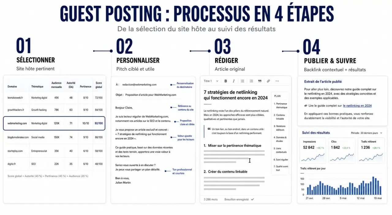 Guest posting : schéma du processus de publication invitée et du backlink contextuel