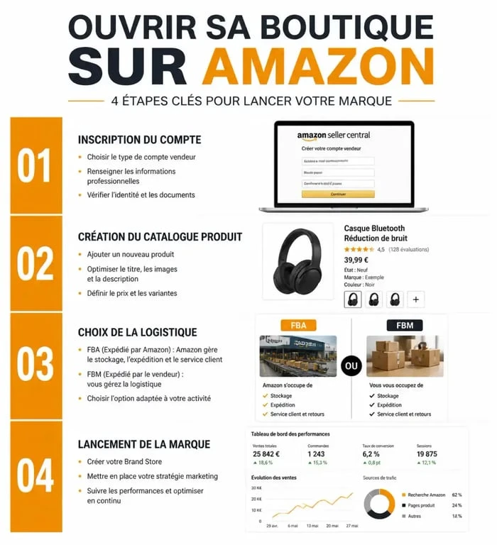 Infographie des étapes pour ouvrir une boutique Amazon