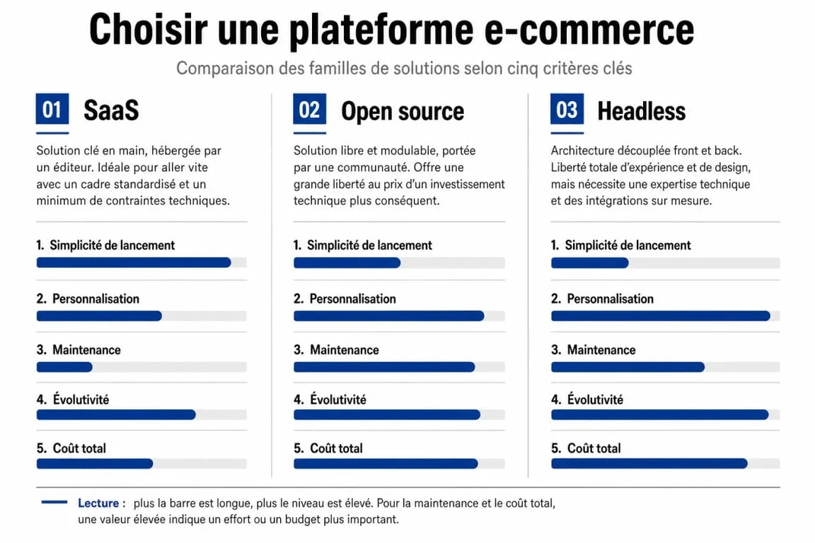 Infographie comparant les solutions e commerce selon la simplicité, la personnalisation, la maintenance et l’évolutivité