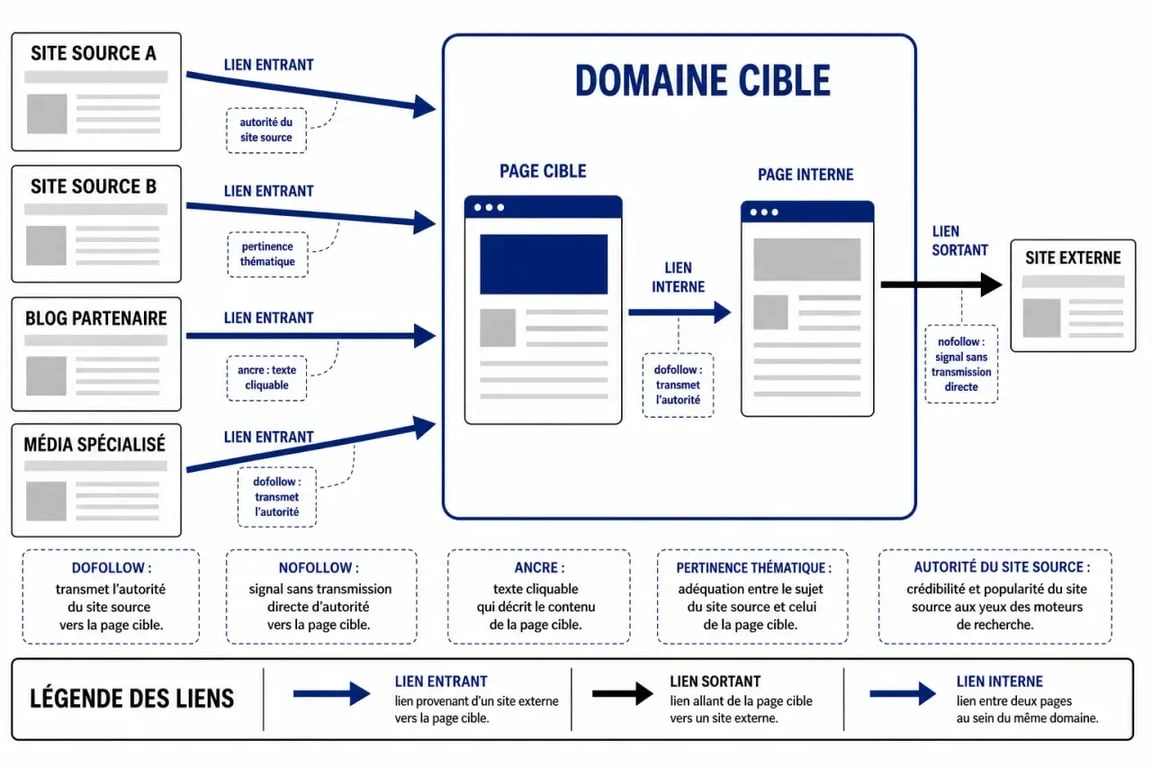 Schéma des liens entrants (backlinks) et de leur rôle SEO