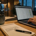 Testeur logiciel salaire : carnet QA et laptop en open space