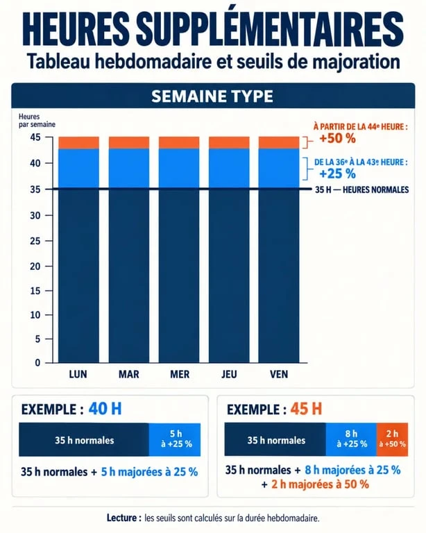 Infographie d’un tableau heures supplémentaires avec seuils de majoration à 25 % et 50 %