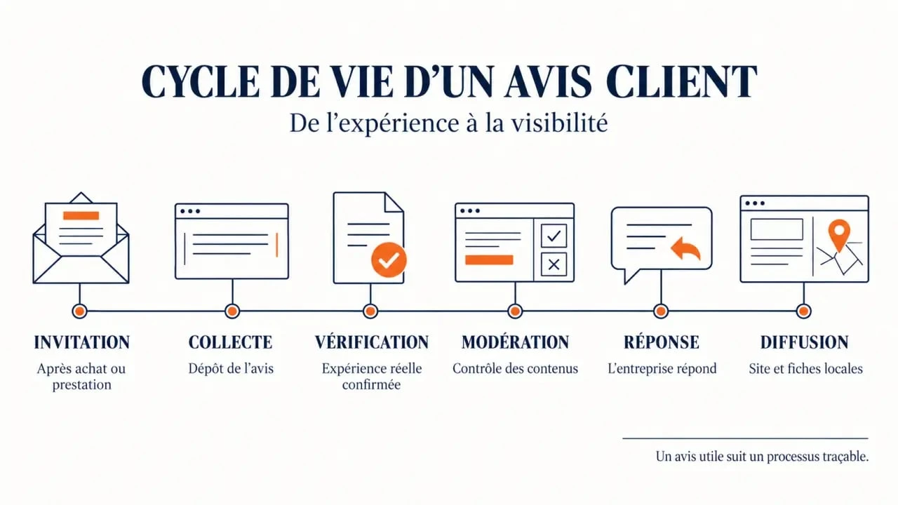 Plateforme d'avis client illustrant la collecte, la vérification, la modération et la diffusion des avis