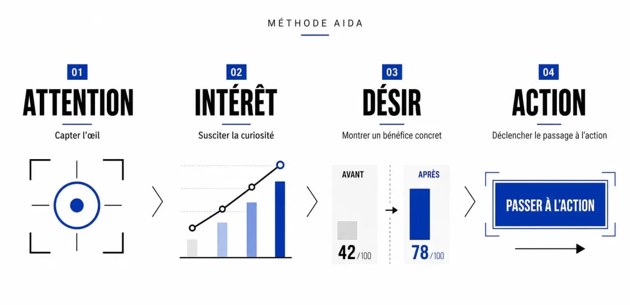 Méthode AIDA pourquoi schéma en 4 étapes Attention Intérêt Désir Action