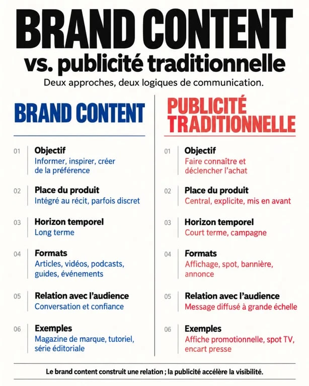 Brand content definition : différences entre contenu de marque et publicité traditionnelle