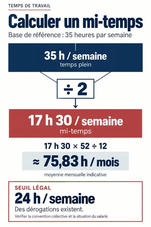 Infographie combien d heures pour un mi temps : 17 h 30 par semaine et environ 75,83 heures par mois