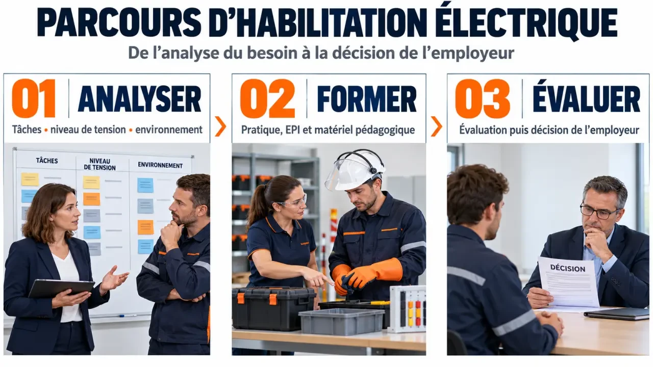 Parcours d’une formation pour habilitation électrique, de la formation à la décision de l’employeur