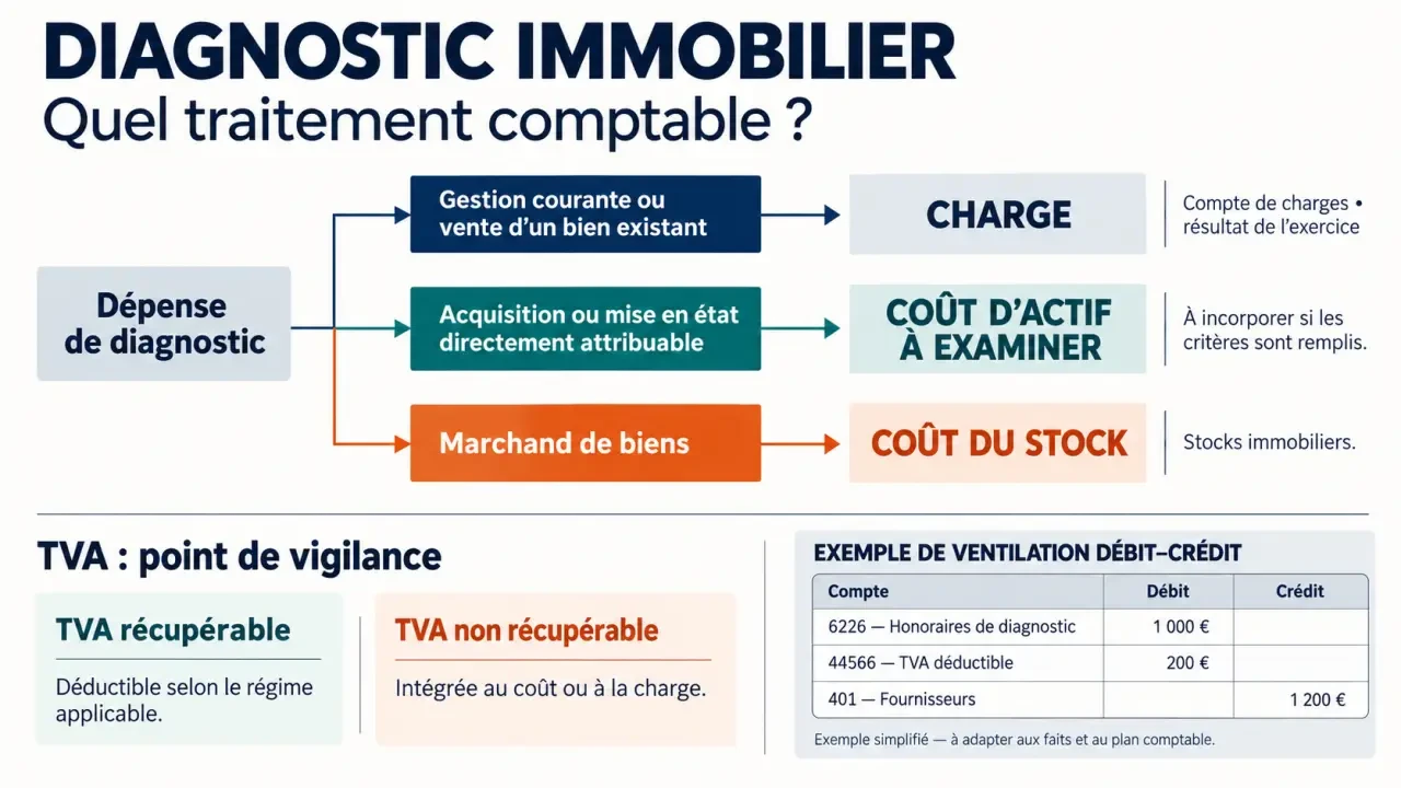 Schéma de comptabilisation d’un diagnostic immobilier selon la charge, l’immobilisation, le stock et la TVA